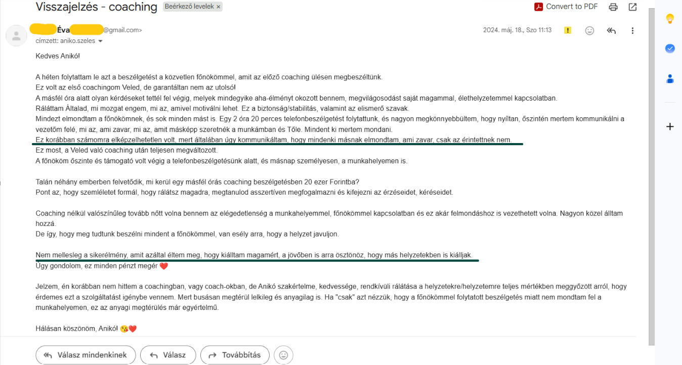 K. Éva eredeti visszajelzésének részlete