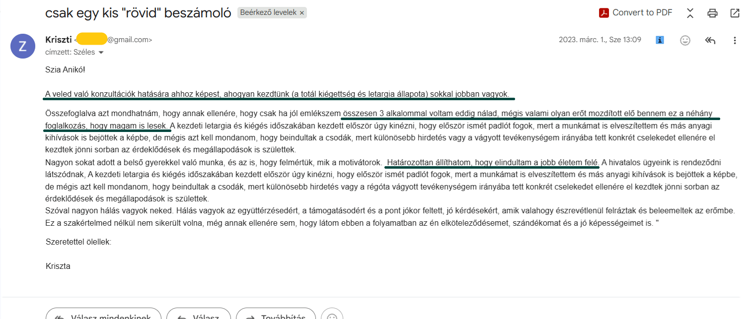 Kriszta eredeti e-mailes visszajelzésének részlete