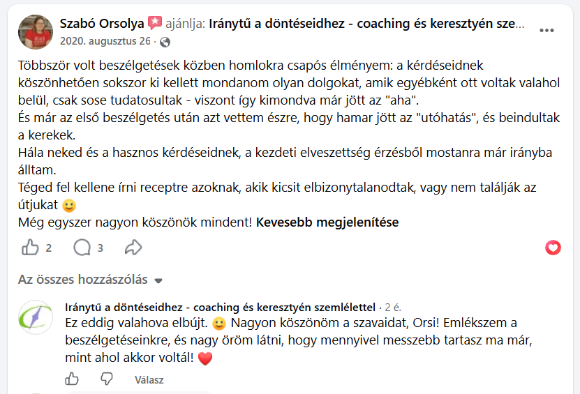 Szabó Orsolya eredeti Facebook-visszajelzése